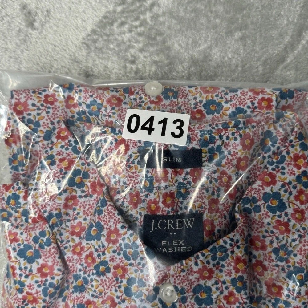 J.Crew Floral Shirt Men Large Red Blue Colorful Slim Fit Flex Washed Button Down